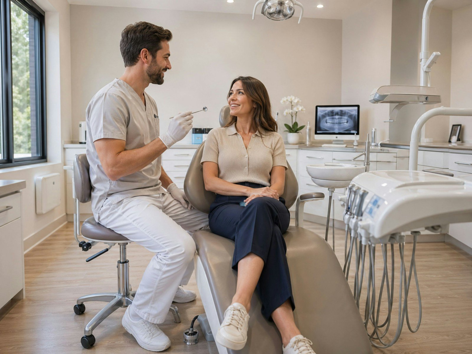 A dentist talking with a patient before the exam